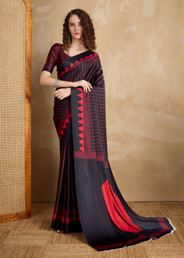 Pirate Black Printed Satin Silk Saree