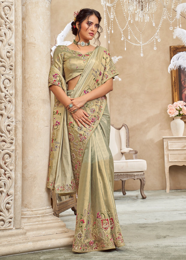 Pista Green Embroidered Designer Saree