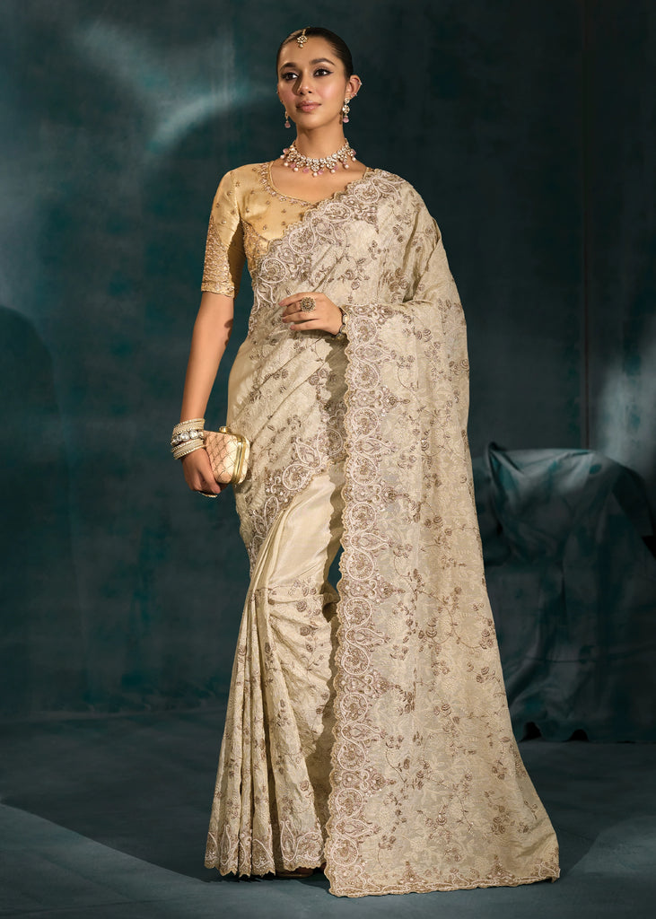 Off White Embroidered Designer Tissue Saree