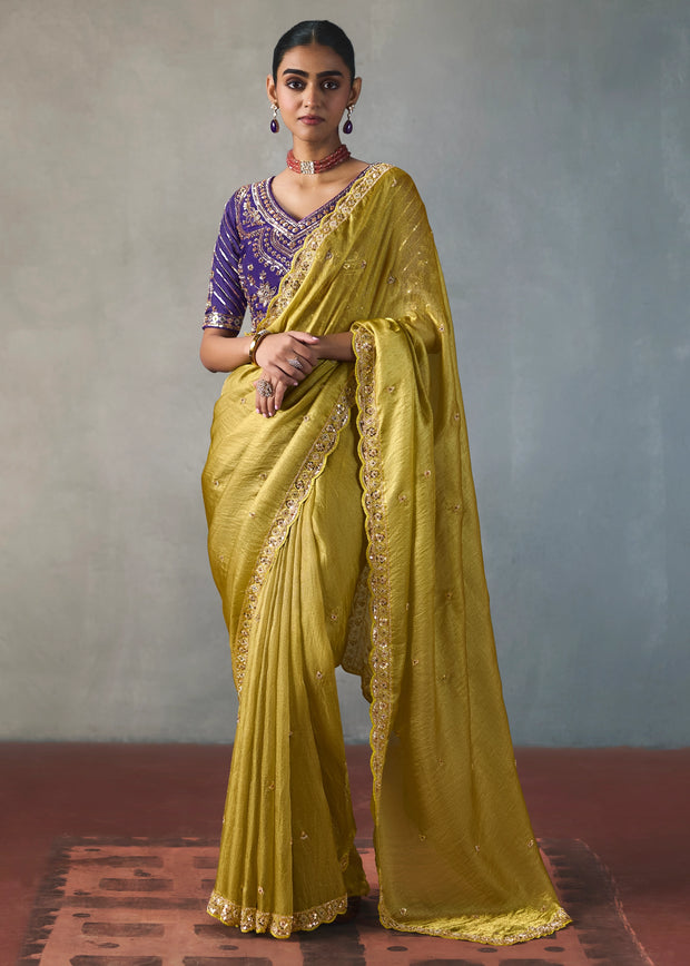 Olive Green Embroidered Silk Saree With Heavy Blouese