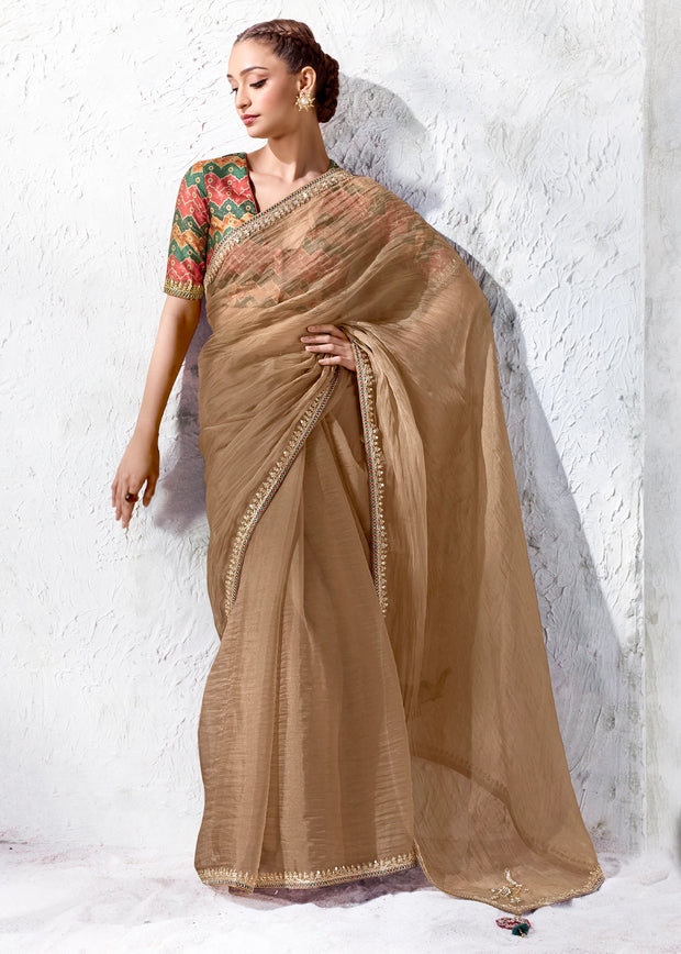 Beige Designer Organza Silk Saree With Printed Blouse