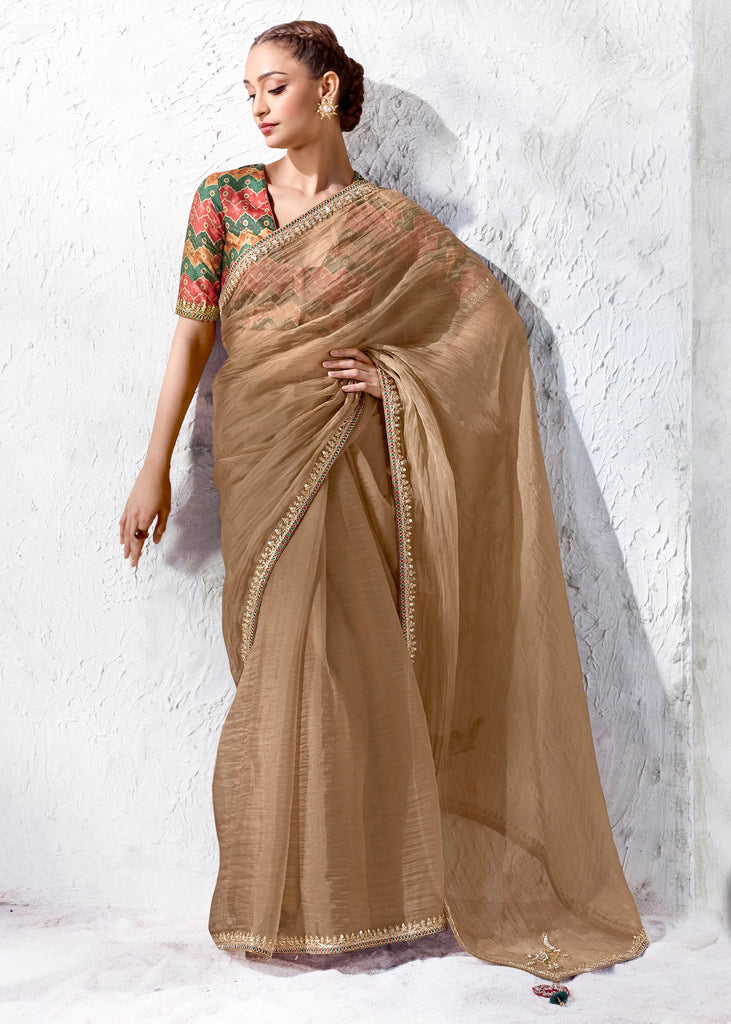 Beige Designer Organza Silk Saree With Printed Blouse