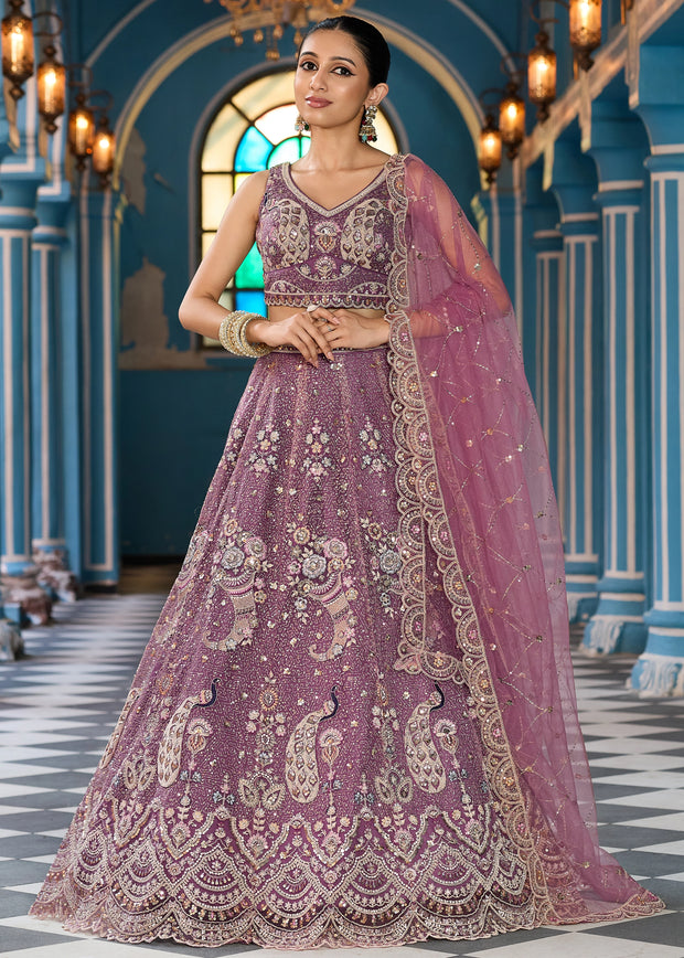 Beige Embroidered Net Lehenga