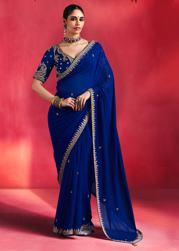 Royal Blue Embroidered Soft Silk Saree With Contrast Blouse