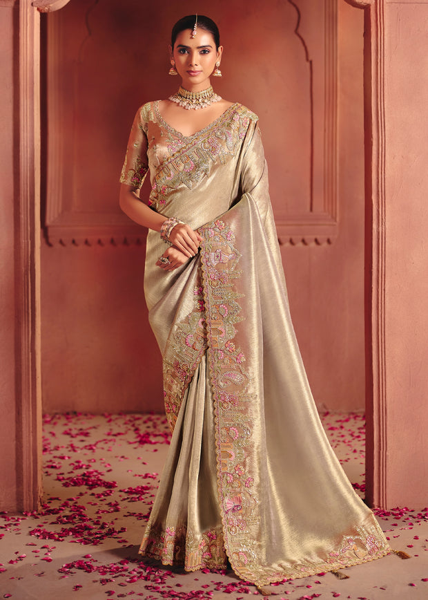 Silver Peach Designer Embroidered Saree