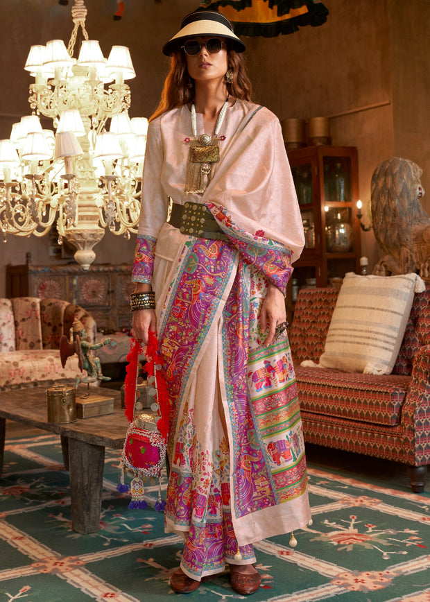 Snow White Madhubani Printed Saree