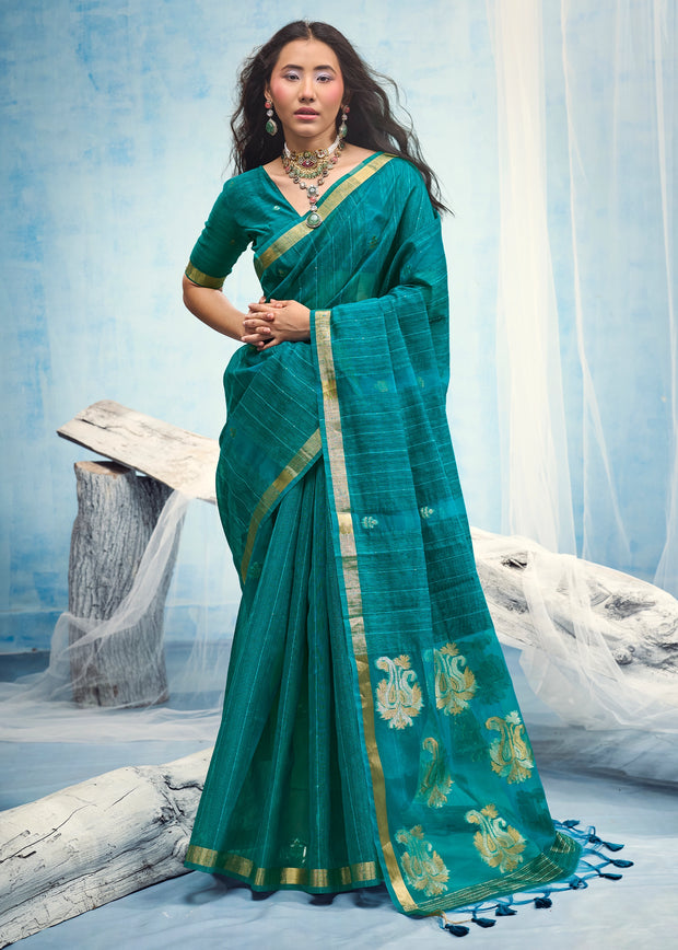 Teal Blue Woven Cotton Silk Saree