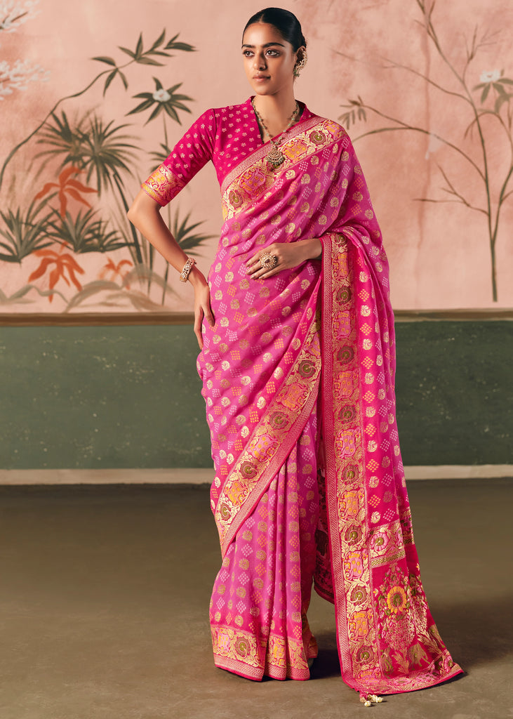 Blossom Pink Woven Georgette Bandhej Saree
