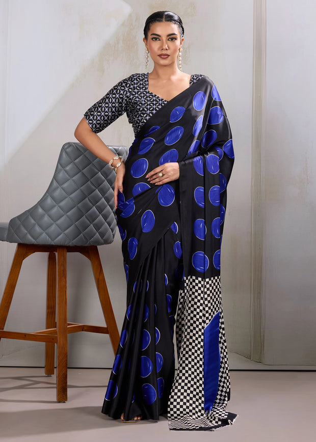 Blue Printed Satin Silk Saree