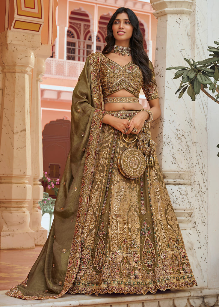 Olive Green Banarasi Silk Embroidered Lehenga