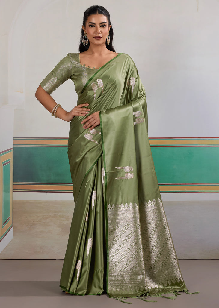Sage Green Woven Satin Silk Saree