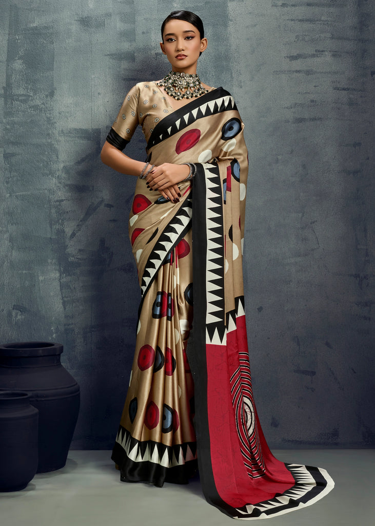 Safari Beige Printed Satin Silk Saree