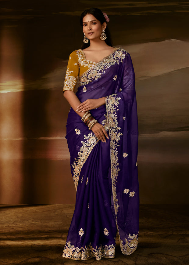 Grape Violet Embroidered Designer Organza Saree