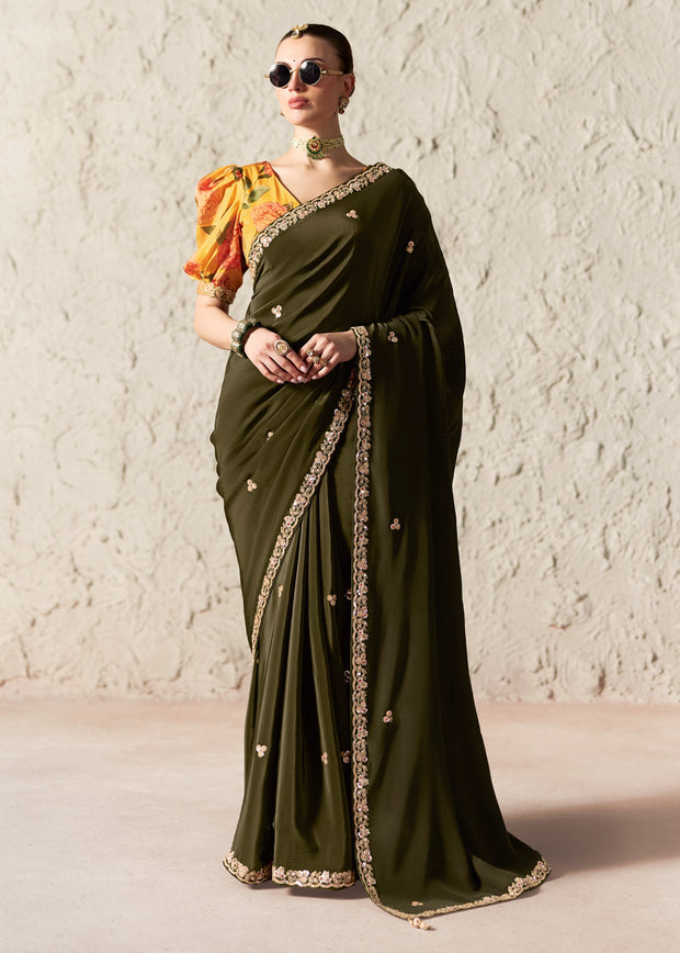 Olive Green Designer Organza Tissue Silk Saree With Printed Blouse