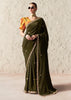 Olive Green Designer Organza Tissue Silk Saree With Printed Blouse