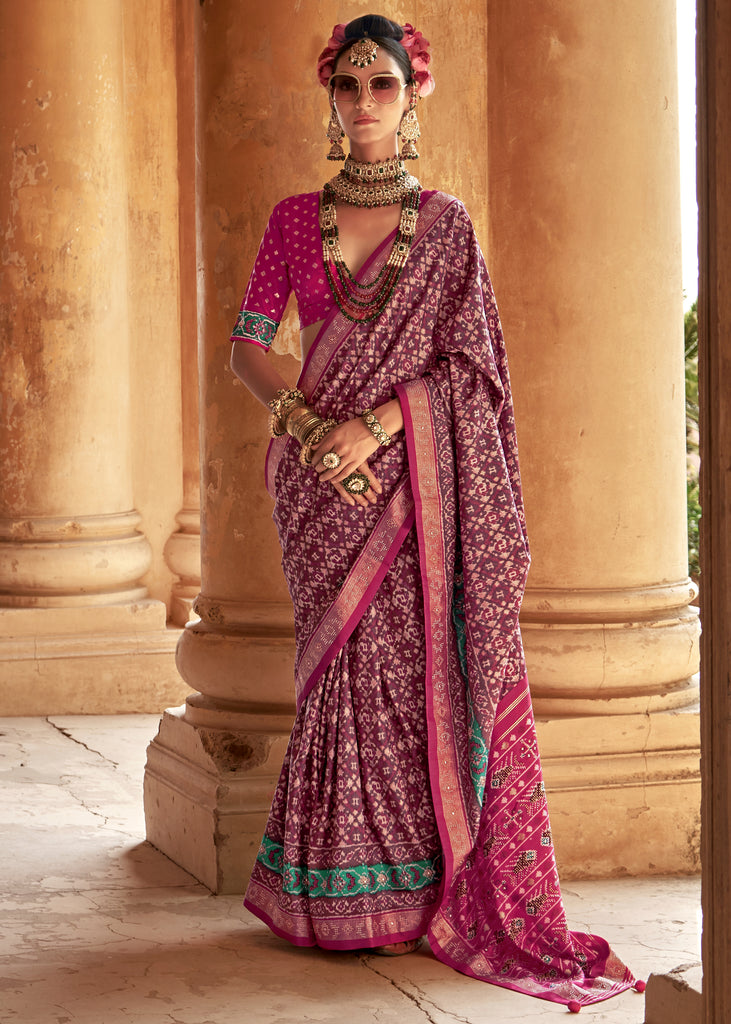 Wine Purple Printed Patola Silk Saree