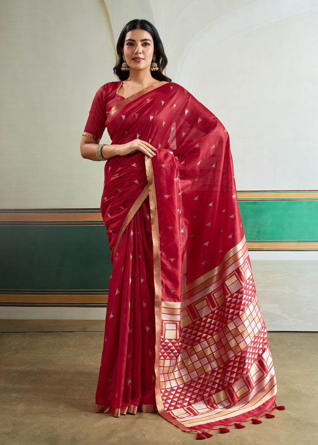 Flame Red Woven Tussar Silk Saree