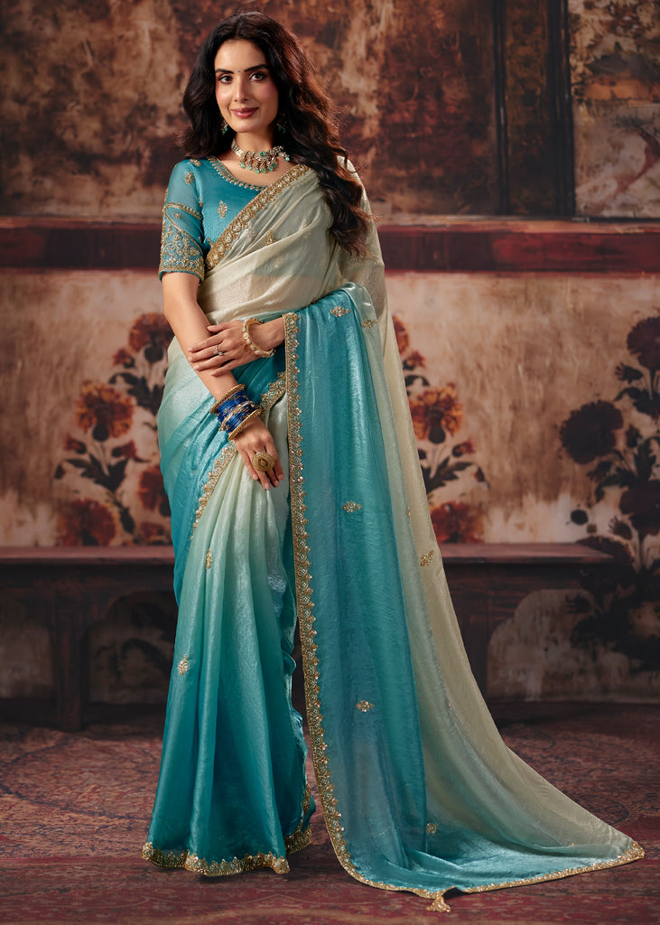 Cream And Blue Designer Satin Silk Saree With Embroidered Blouse