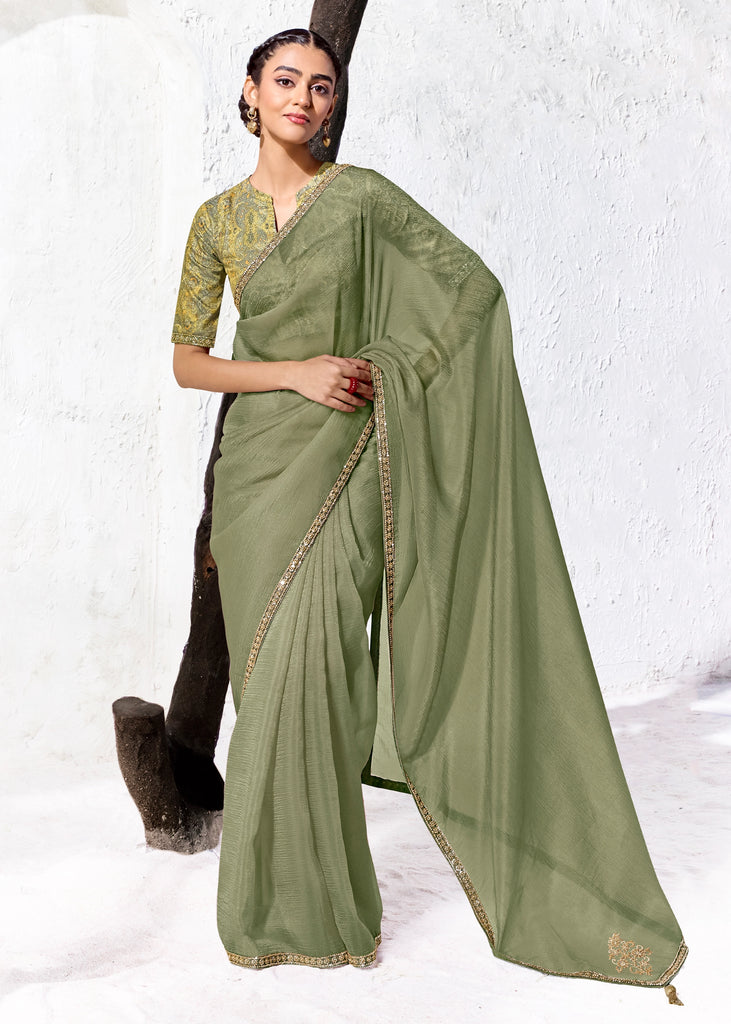 Olive Green Designer Organza Silk Saree With Printed Blouse
