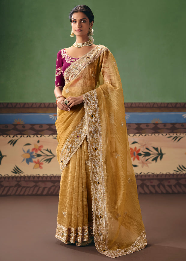 Mimosa Yellow Embroidered Designer Saree