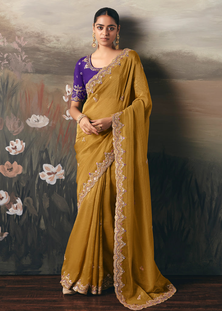 Mustard Yellow Tissue Embroidered Wedding Wear Saree