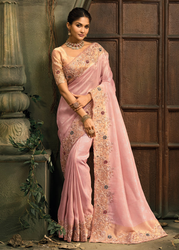 Baby Pink Designer Embroidered Silk Saree