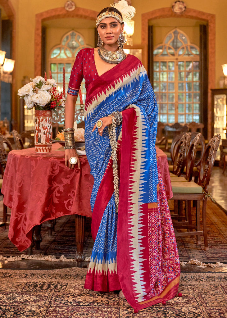 Victoria Blue Printed Patola Silk Saree