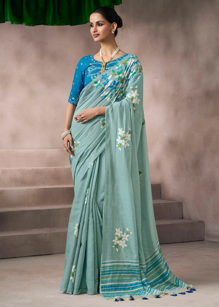 “Exclusive Offer” : Light Cyan Woven Cotton Silk Saree