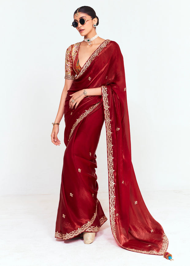Maroon Designer Embroidered Tissue Saree