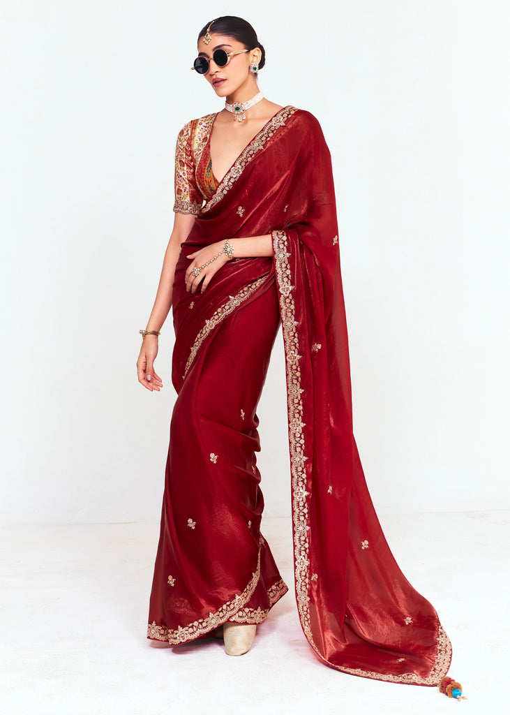 Maroon Designer Embroidered Tissue Saree