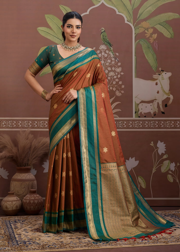 Hazel Brown Woven Banarasi Tussar Silk Saree