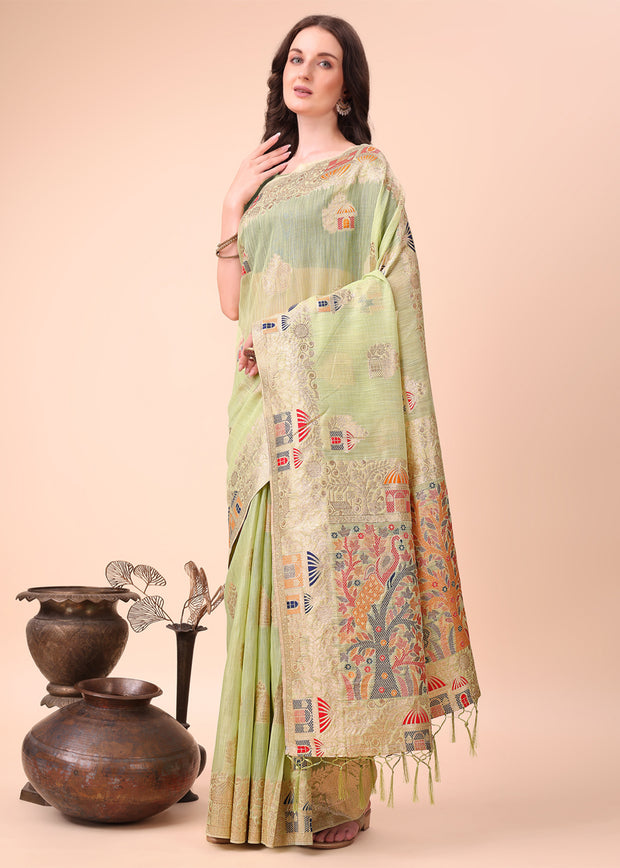 Pista Green Woven Linen Cotton Silk Saree