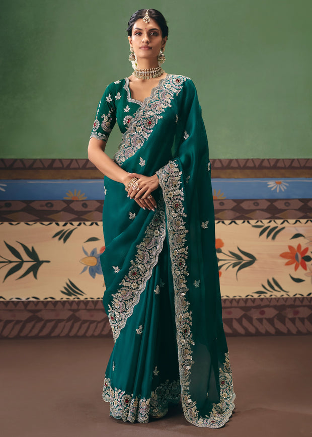 Teal Green Embroidered Designer Saree
