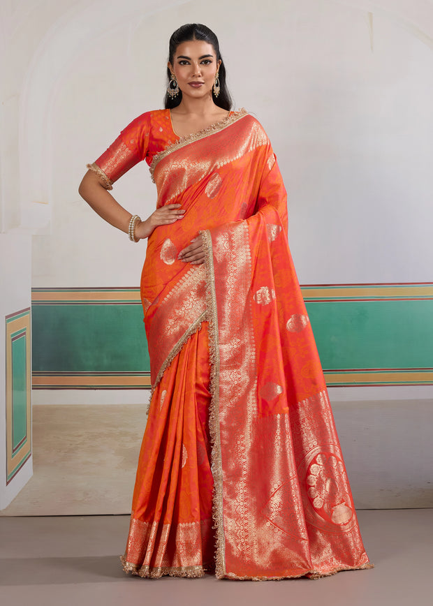 Peel Orange Woven Banarasi Satin Silk Saree