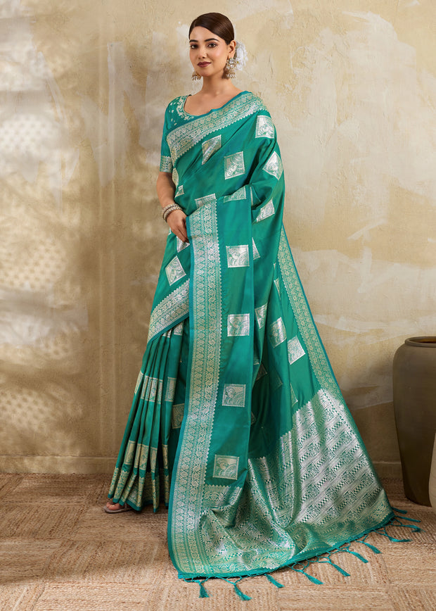 Teal Green Woven Banarasi Silk Saree