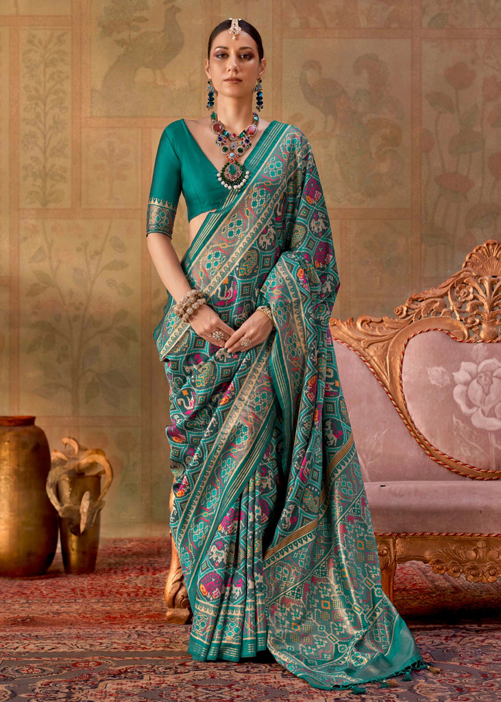 Teal Blue Printed Patola Silk Saree