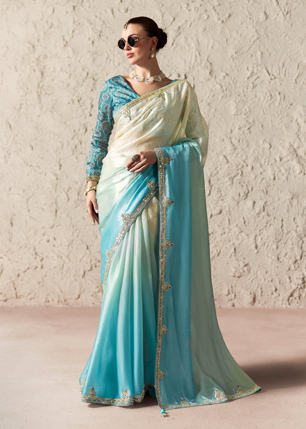 Aqua Blue Designer Organza Tissue Silk Saree With Printed Blouse