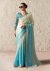 Aqua Blue Designer Organza Tissue Silk Saree With Printed Blouse