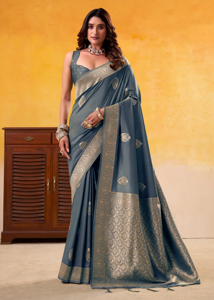 Fossil Grey Woven Tusser Silk Saree
