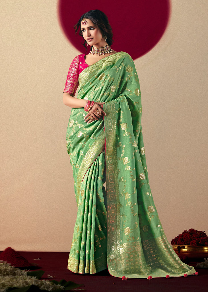 Pista Green Woven Banarasi Silk Saree