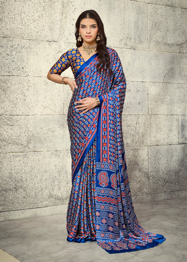Indigo Blue Printed Satin Silk Saree