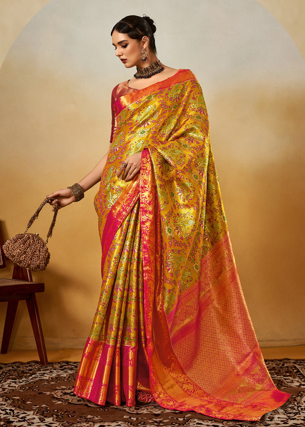 Golden yellow dual tone Kanjivaram silk saree with brocade blouse piece