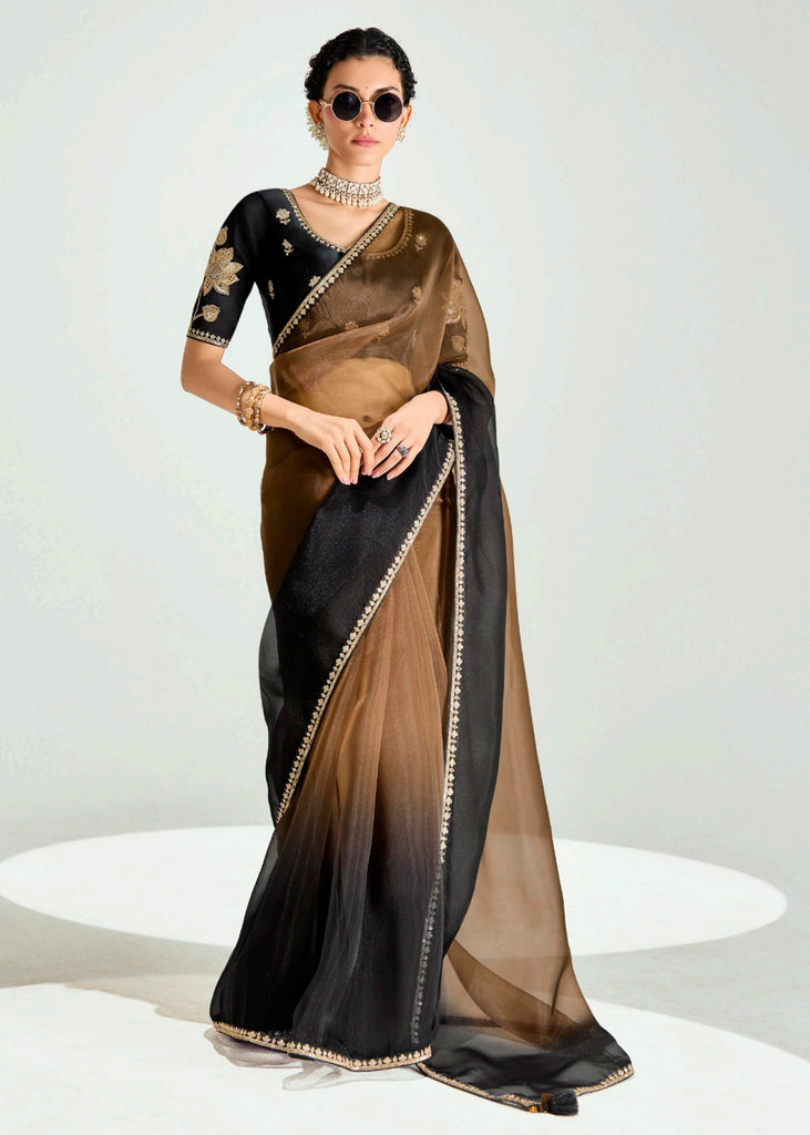 Brown Black Ombre Banarasi Tissue Saree