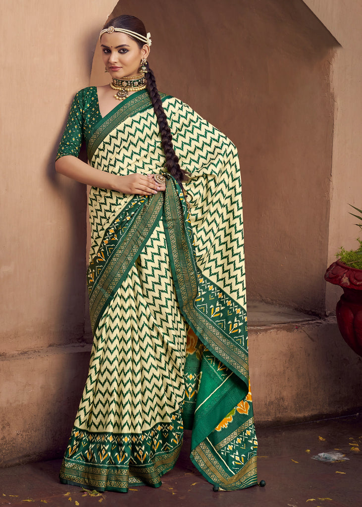 Green And Cream Printed Patola Silk Saree