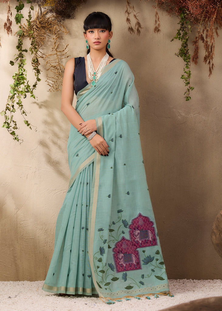 Pastel Blue Woven Cotton Silk Saree
