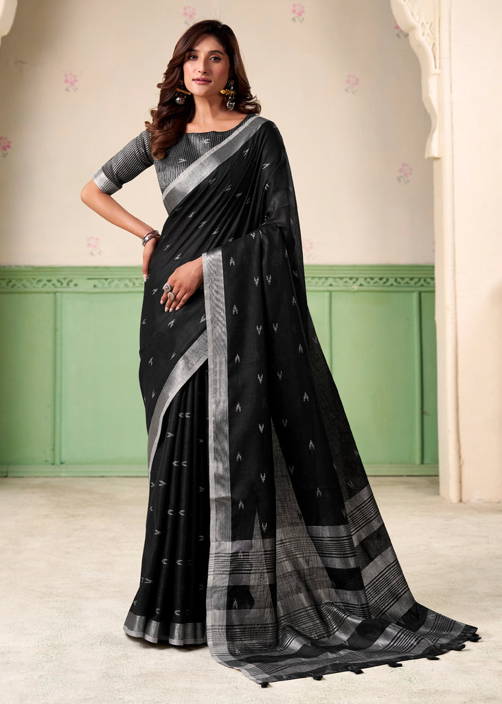 Classic Black Woven Linen Silk Saree