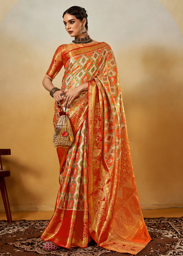Sunrise orange dual tone Kanjivaram silk saree with copper to amber colour shift
