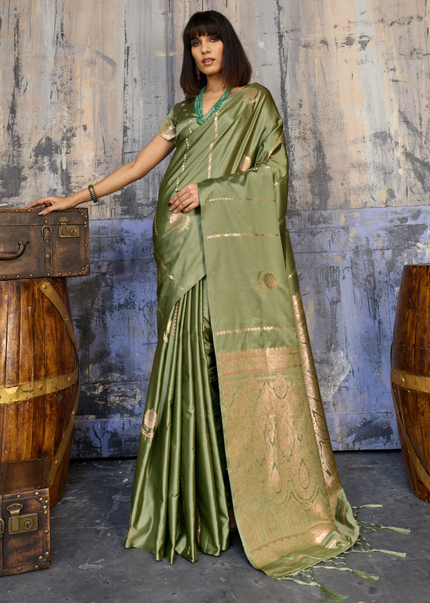 Kiwi Green Woven Banarasi Satin Silk Saree