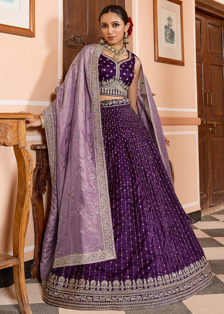 Dahila Purple Tissue Silk Embroidered Lehenga
