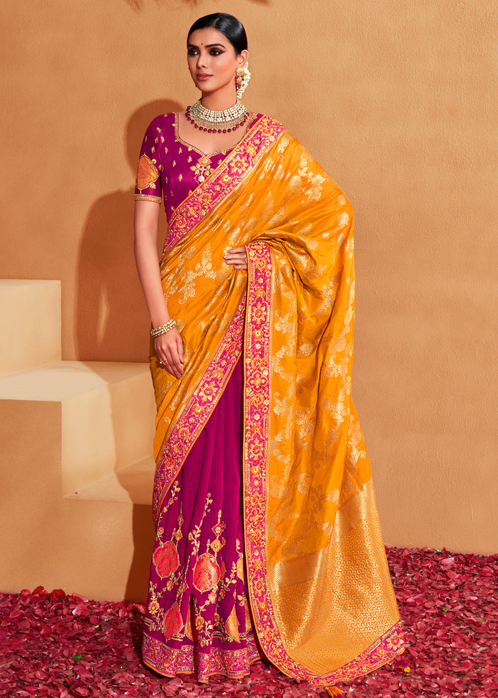 Yellow & Purple Saree With Blouse | Awesome blouse, Saree, Beautiful blouses